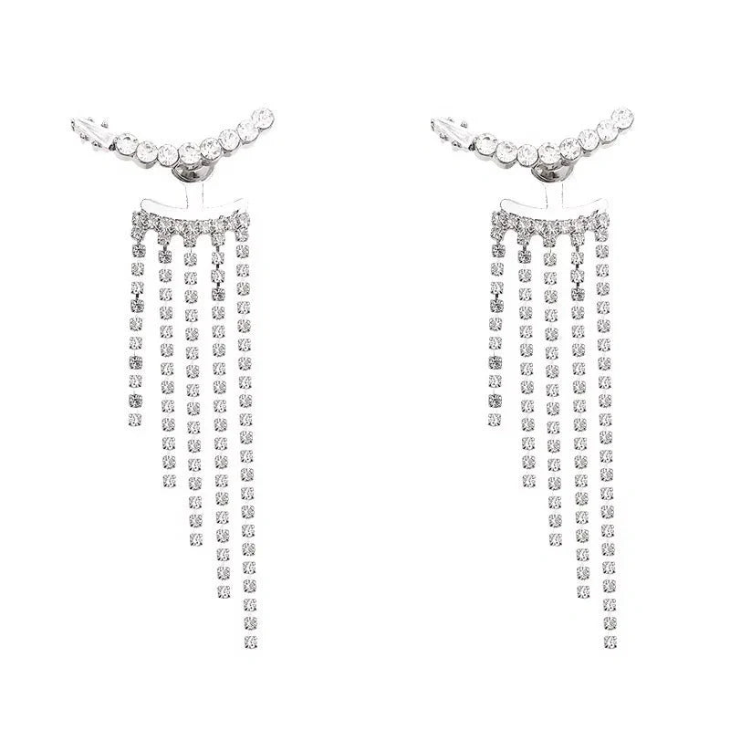 Sparkling zircon tassel earrings in sterling silver, featuring dazzling gems and flowing tassels for a bold, fashionable look.