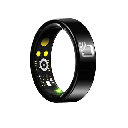 Black ceramic smart ring on a finger, showing health monitoring features for heart rate and blood oxygen tracking