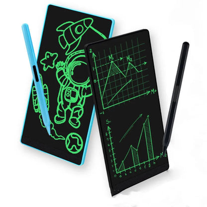 Blue student LCD handwriting board with 6.5 inch screen and stylus on a desk.