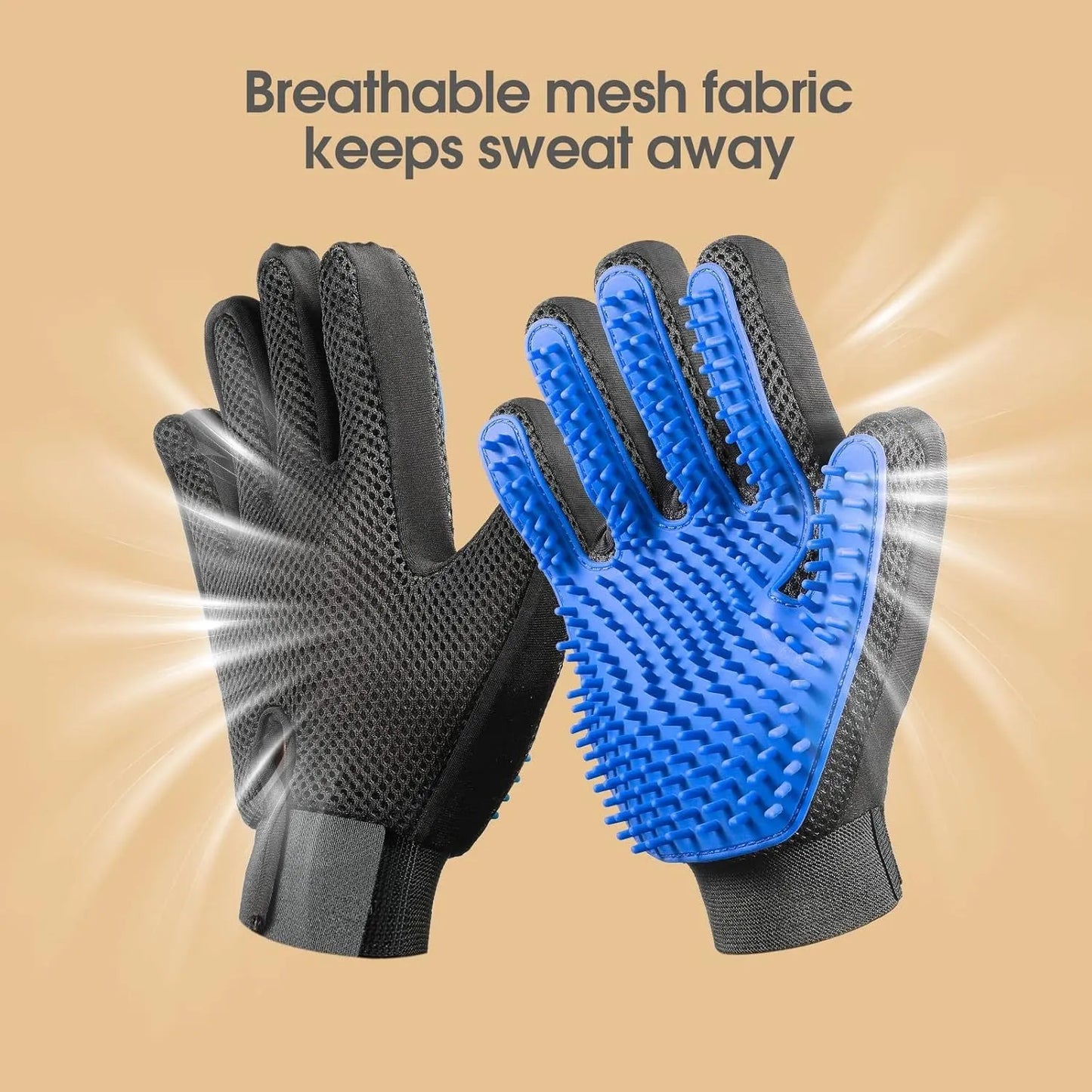 Blue pet grooming gloves with silicone tips and adjustable wrist strap for gentle shedding removal