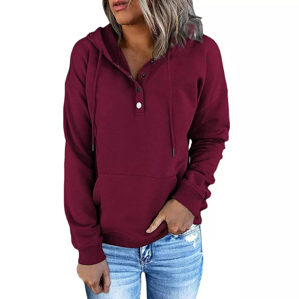 Women's long-sleeved hooded sweatshirt with pockets in various colors