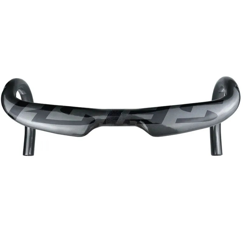 Carbon fibre road bicycle handlebar with ergonomic bent shape, shown in a choice of finishes.