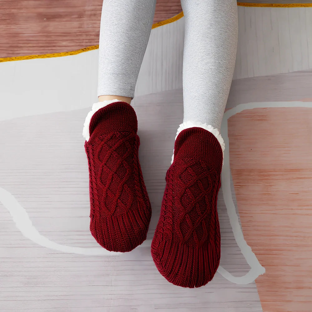 Winter woolen socks with V-opening design and anti-slip dots on soles in navy blue colour