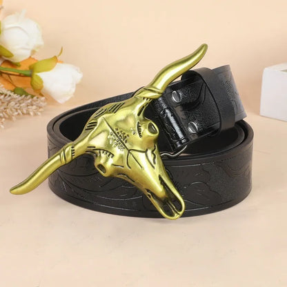 Men's brown imitation leather belt with an embossed alloy cow head pin buckle fastened on trousers.