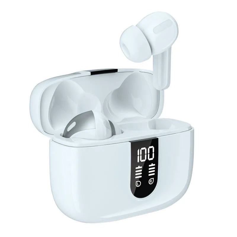 Jerry X08 black wireless earbuds inside a charging case with a small digital battery percentage display.