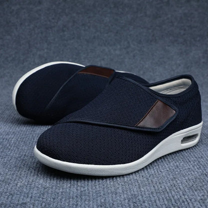 Beige leisure shoes for elderly with Velcro strap and rubber foam sole.