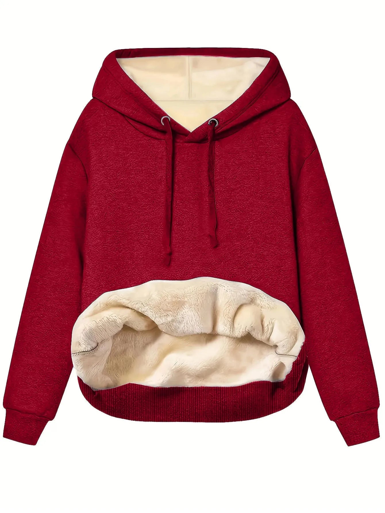 Women's loose fit hooded sweater in thick grey polyester fleece with 3D pattern and front pockets.
