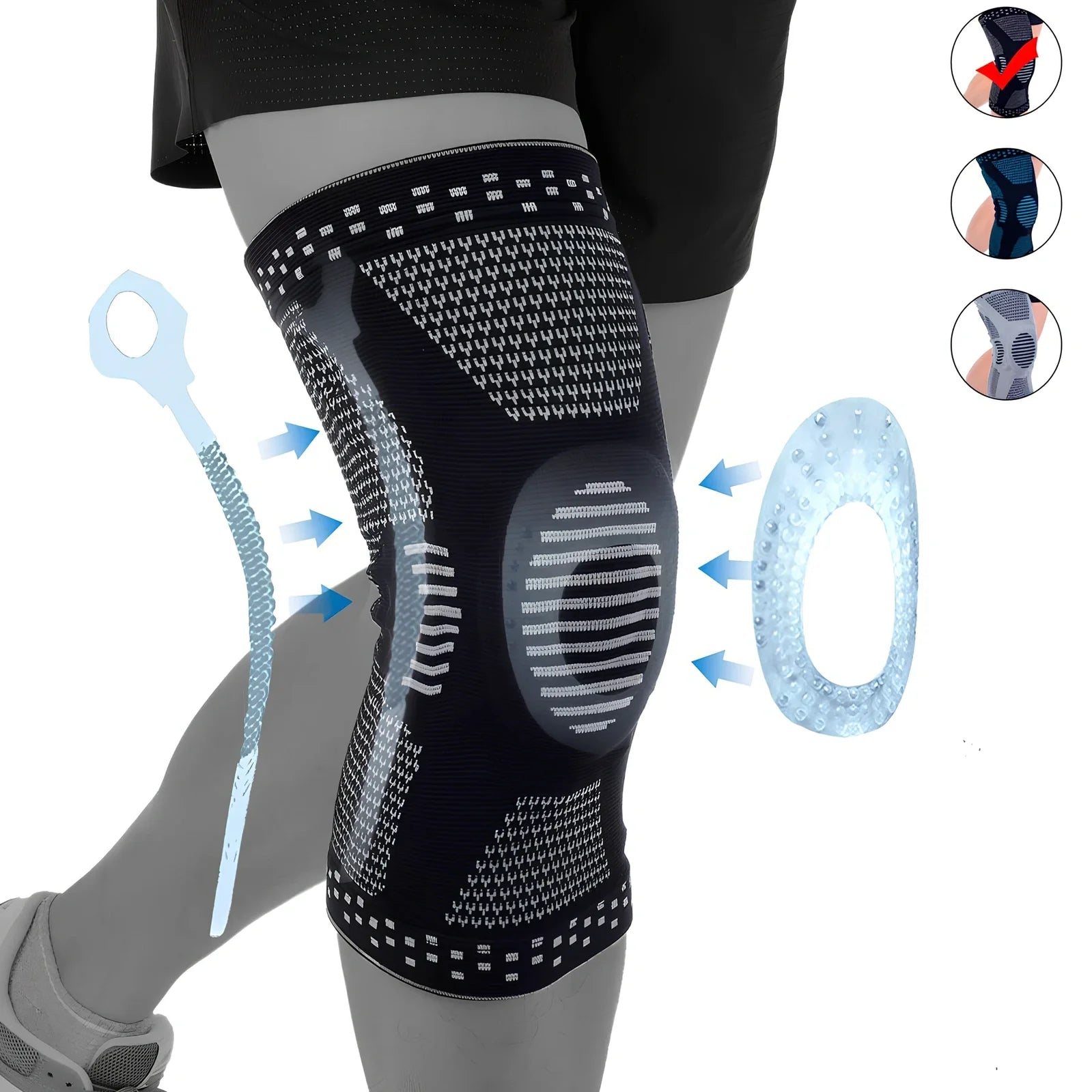 Grey basketball knee pad showing half-moon shape and silicone grip strips for court protection