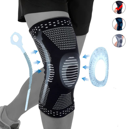 Grey basketball knee pad showing half-moon shape and silicone grip strips for court protection