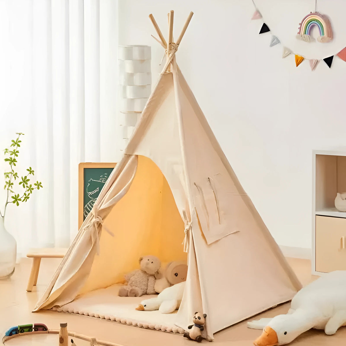 Beige indoor children's tent with cloth and wood construction, side door and hat style options for home play