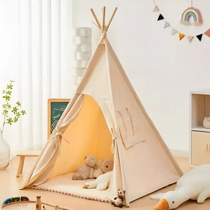 Beige indoor children's tent with cloth and wood construction, side door and hat style options for home play