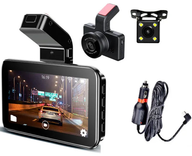 3-inch HD car DVR dash cam with double lens recording for front and rear vehicle coverage, featuring a 3.0-inch screen, 12-megapixel physical pixels, button operation, and USB data transmission interface