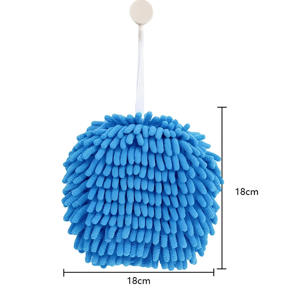 Blue chenille handball wipe showing 17x17cm dimensions for water absorption