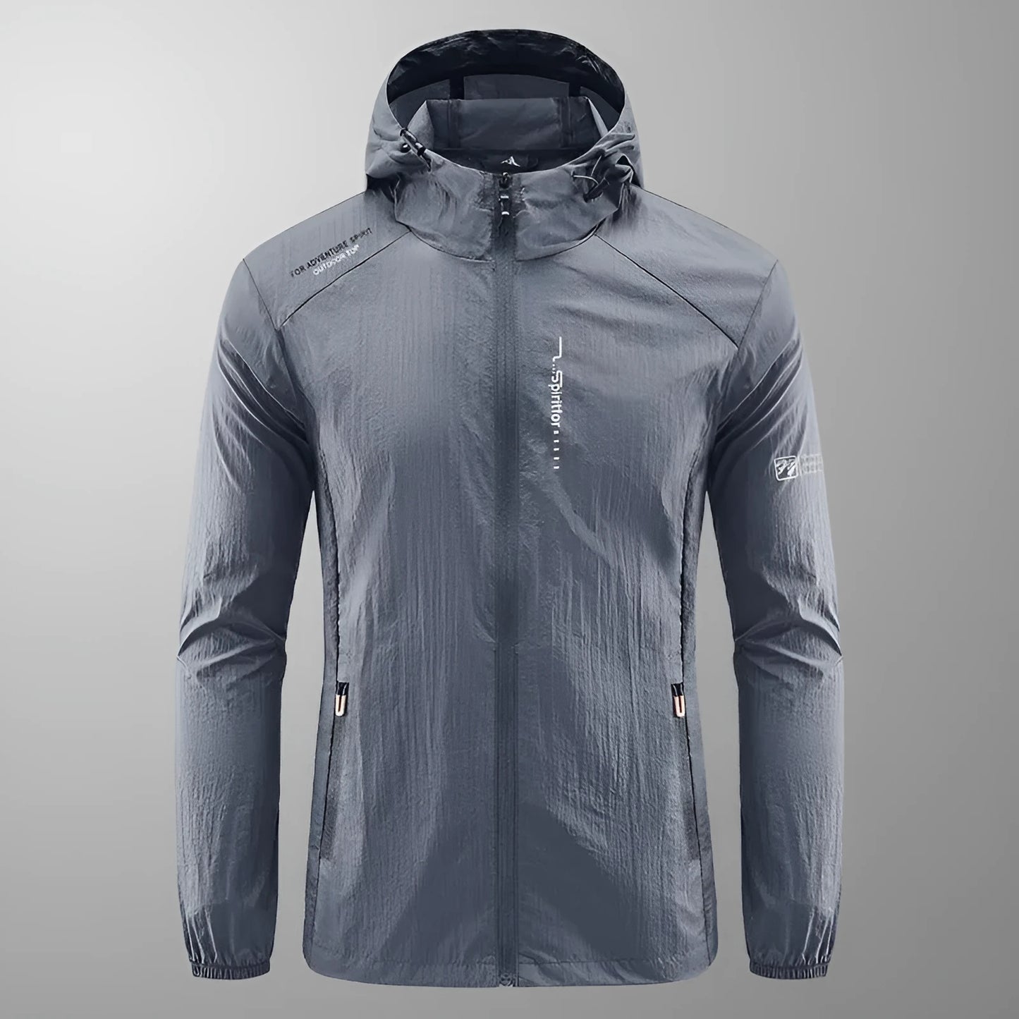 Light grey men's hooded nylon summer jacket on a hanger, loose fit.