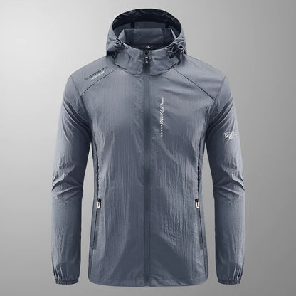 Light grey men's hooded nylon summer jacket on a hanger, loose fit.