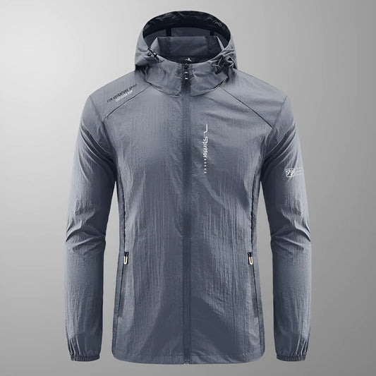 Light grey men's hooded nylon summer jacket on a hanger, loose fit.