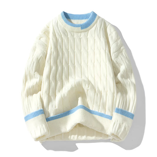 Men's loose fit modal acrylic pullover sweater in light blue on hanger