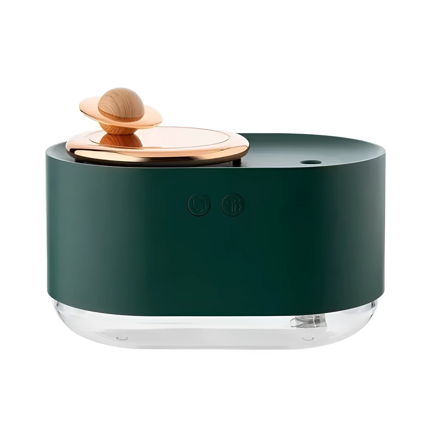 Rotating planet-shaped humidifier in green colour with USB cable and mist emitting from the top.