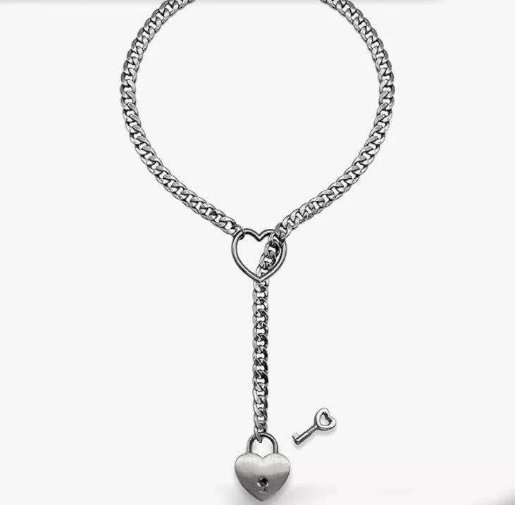 Stainless steel lariat heart necklace with heavy ring and Cuban chain in multiple finishes