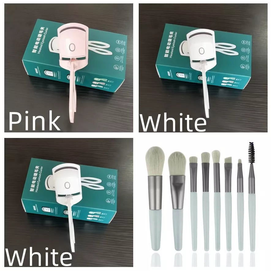 Electric Heating Eyelash Curler in white, pink, and green colors for safe, effective lash curling