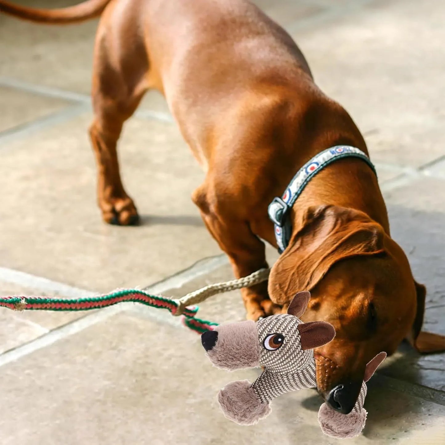 Plush dog squeaky toy with cotton-weave construction for medium and large dogs