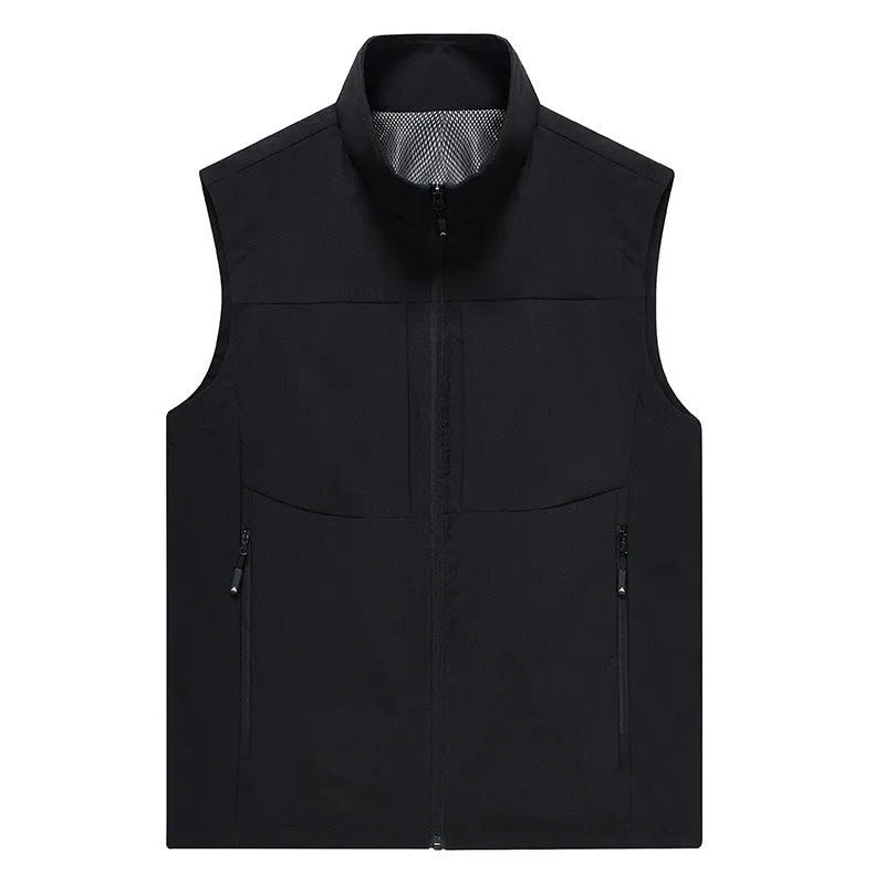 Men's loose fit casual cardigan vest in army green with stand collar and zippered pockets
