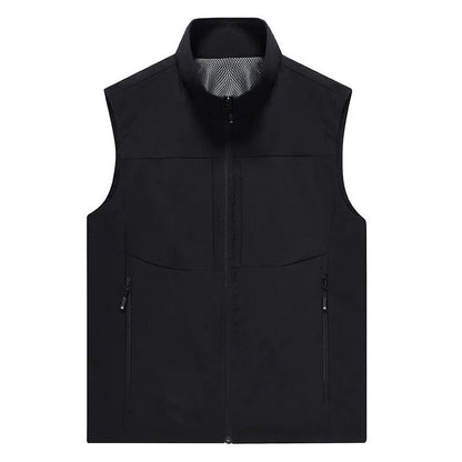 Men's loose fit casual cardigan vest in army green with stand collar and zippered pockets