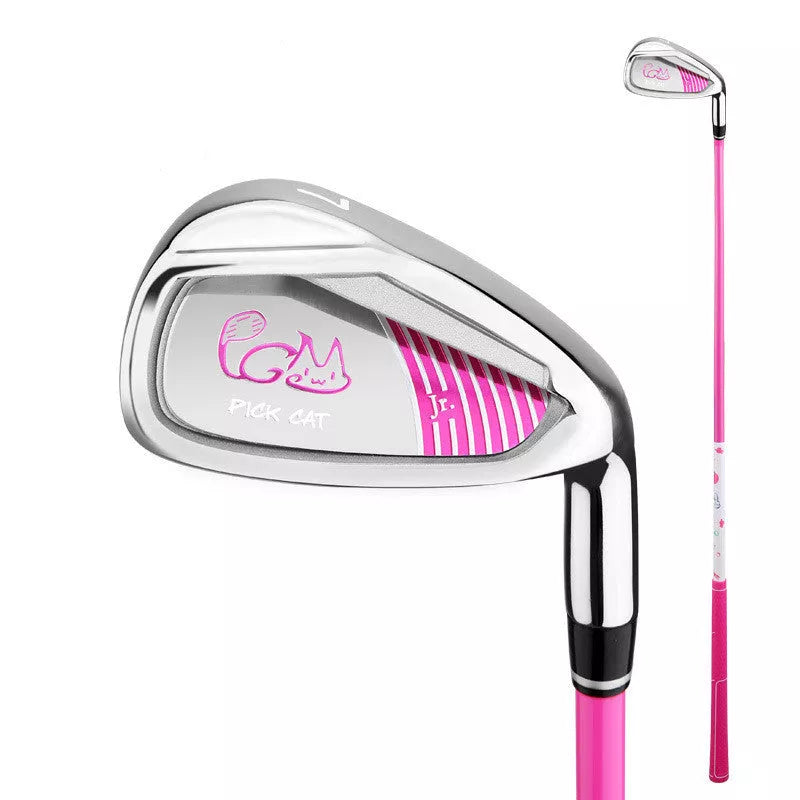 Beginner golf clubs for kids with stainless steel heads in black red, pink, and yellow
