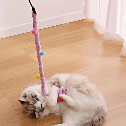 Blue interactive cat wand toy with a long plush strip, fluffy ball, and bell on a 41cm pole.