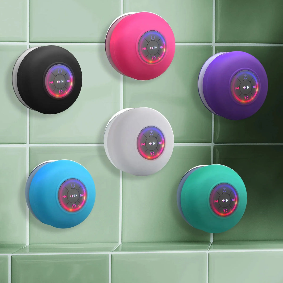 BTS07 large suction cup waterproof Bluetooth speaker in six colours: black, blue, green, red, white, yellow.