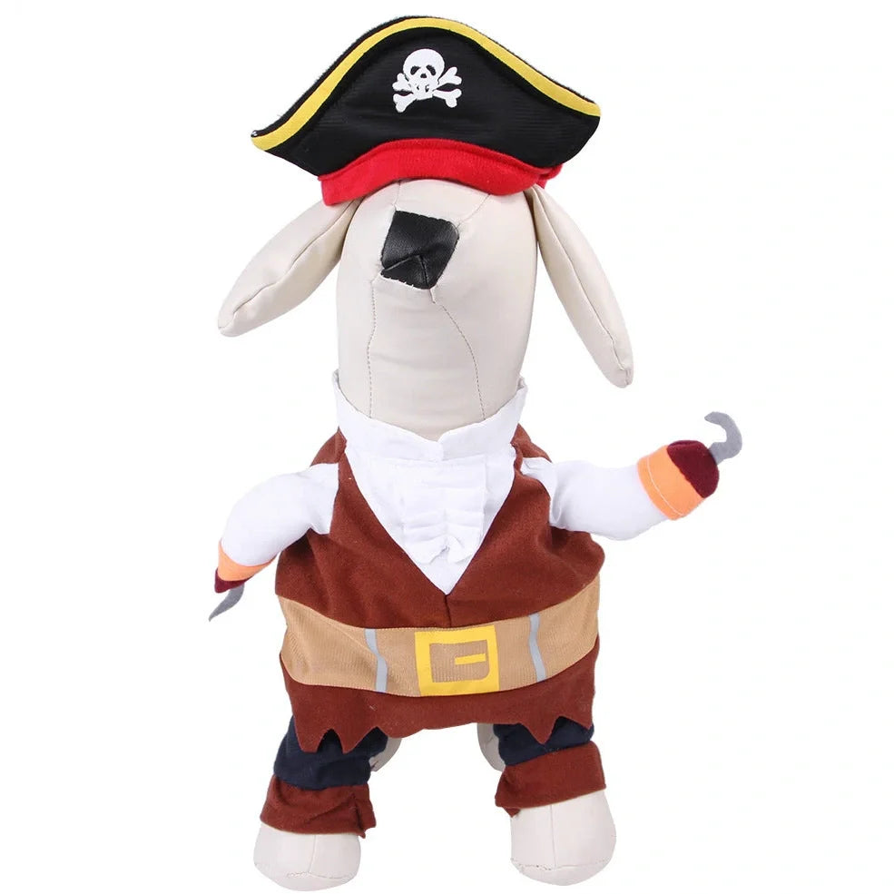 Pet wearing cartoon cowboy costume with knight-style design and matching hat, showing multiple colour options