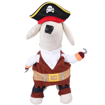 Pet wearing cartoon cowboy costume with knight-style design and matching hat, showing multiple colour options