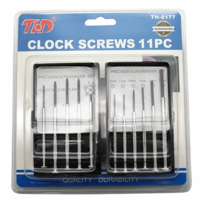 TH6177 11-piece clock screwdriver set with crosshead and flathead tools on a white background.
