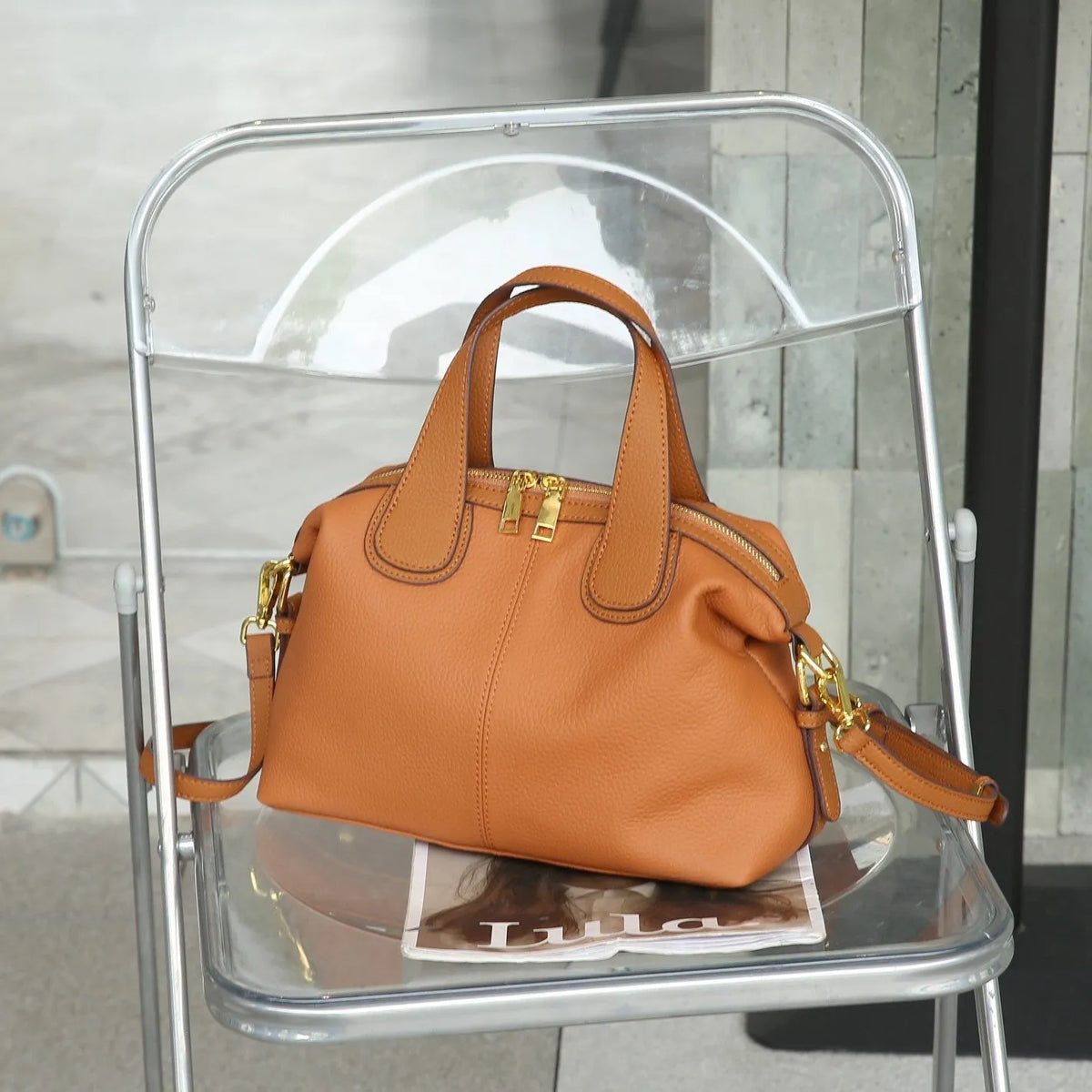 Women's genuine leather cross-body shoulder bag in horizontal square design with multiple internal compartments