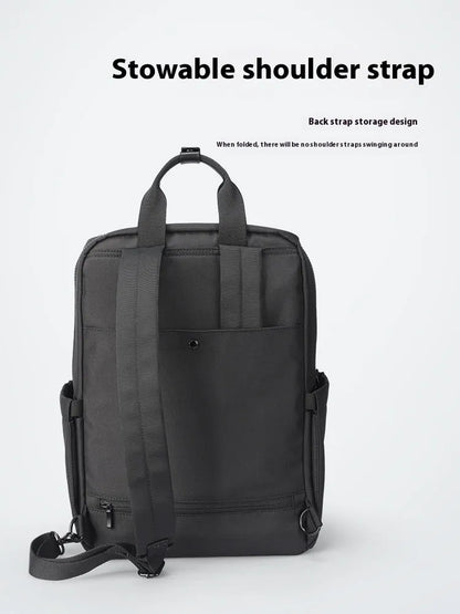 Elegant black Oxford cloth computer backpack with a 20-35 litre capacity.