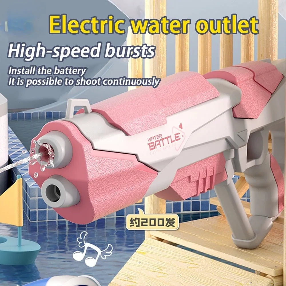 Blue automatic electric water gun with USB charging port and anti-skid grip handle.