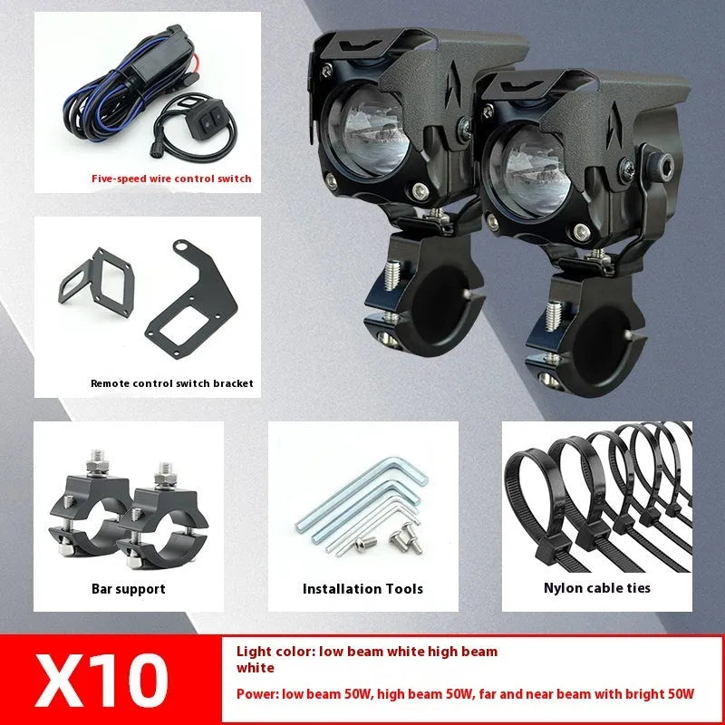 Motorcycle and car LED spotlight kit with integrated lens, wireless remote switch, and mounting brackets.
