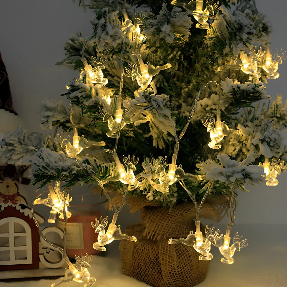 LED Christmas light string in deer shape, 1.5m length with 10 beads emitting 3000 lm, battery box and PVC construction for holiday decor