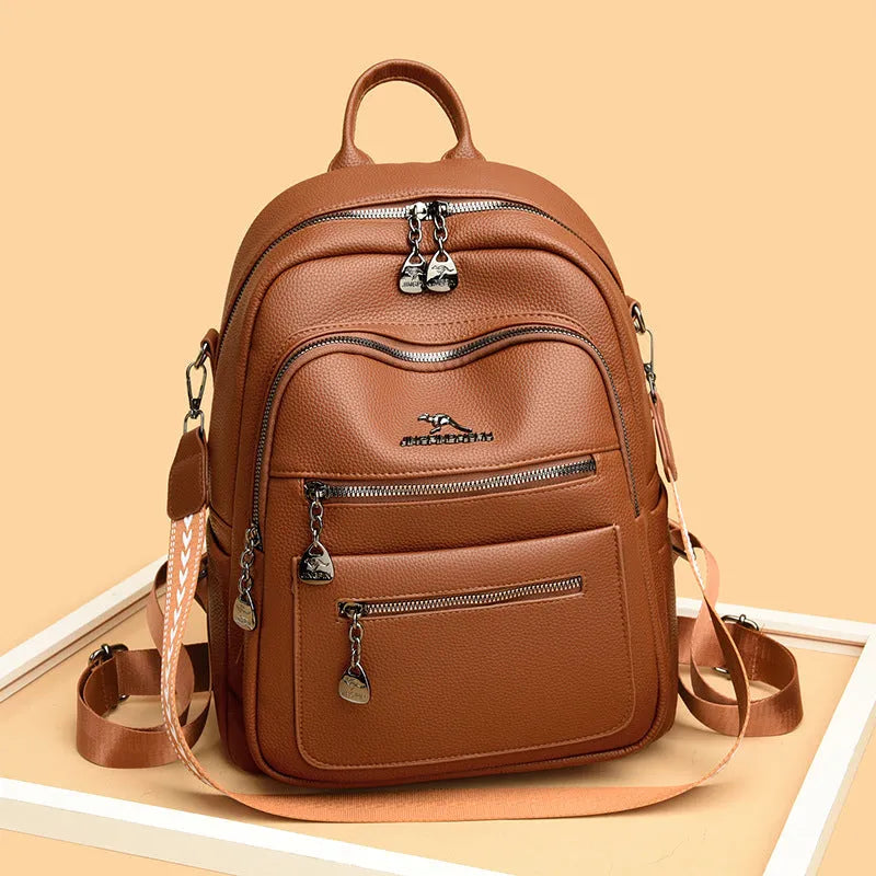 Multi-Functional Commuting Backpack in Genuine and Composite Leather with Polyester Lining, Flap Pocket, Waterproof and Wear-Resistant, Metal and Letter Patchwork Details, Black Yellow or Beige, for Leisure Travel