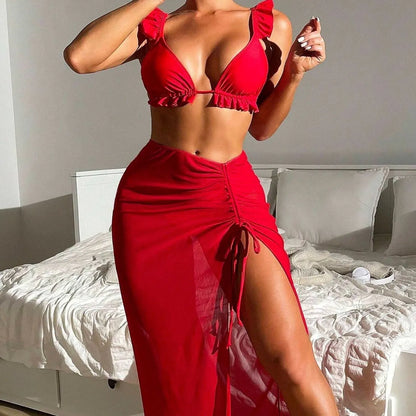 Women's printed split bikini three-piece swimsuit set showing top, bottoms, and skirt in one of six available colours.