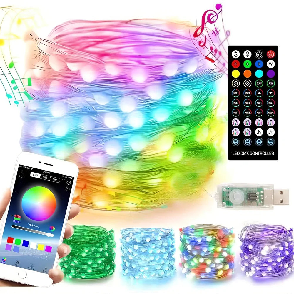 Bluetooth copper wire string lights with 100 LEDs on 10m flexible wire, USB powered with smartphone control