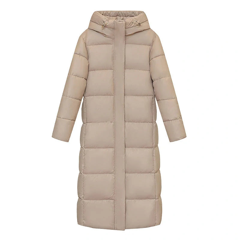 Women's long winter down puffer coat in black, dark red, white, and khaki colors