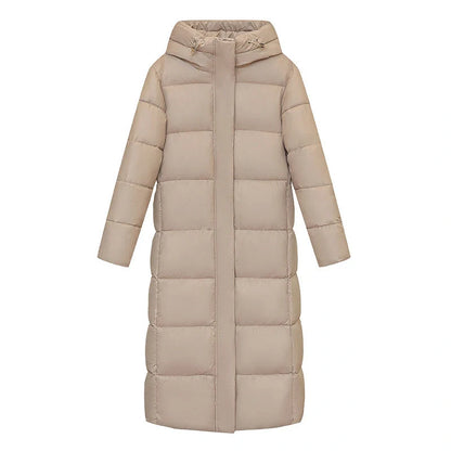 Women's long winter down puffer coat in black, dark red, white, and khaki colors