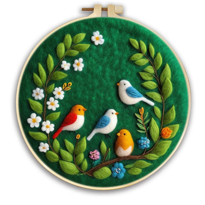 Round fabric embroidery kit with 20x20cm linen frame and wool felt for three-dimensional floral artwork