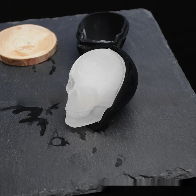 3D Halloween Skull Ice Maker Food Grade Tray in Edible Silicone for skull ice cubes and Halloween party drinks, measuring 5.8 x 8.5 x 7 cm and supplied in colour box or single OPP packaging.