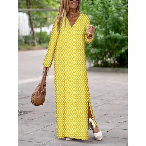 Women's geometric printed V-neck long dress with long sleeve slit, available in multiple colors and sizes.