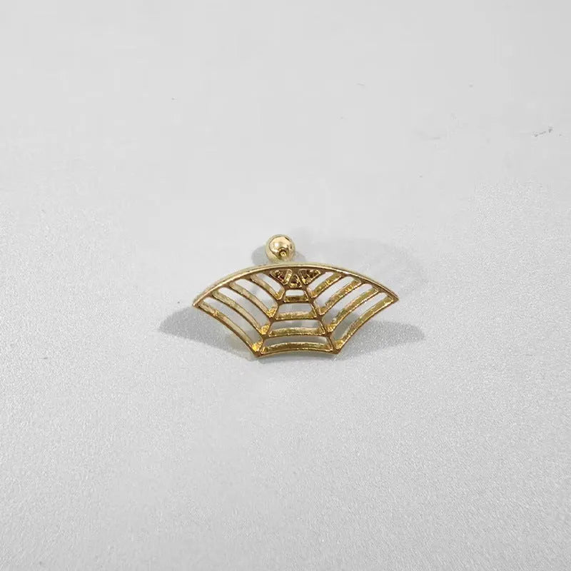 Spider web design stud earrings in gold and silver electroplated metal with geometric mesh pattern