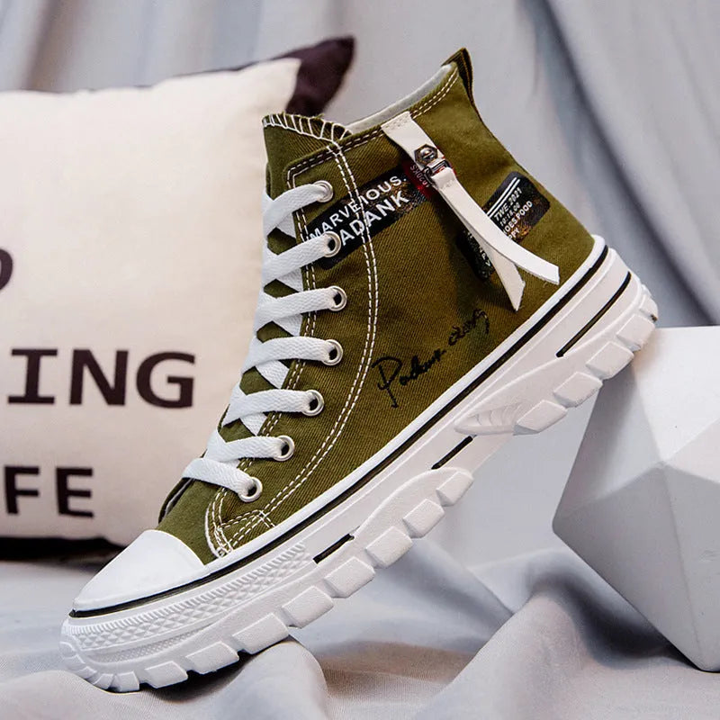 Men's high top canvas casual shoes with letter pattern, front lace-up, round toe, white green black, sizes 39-44
