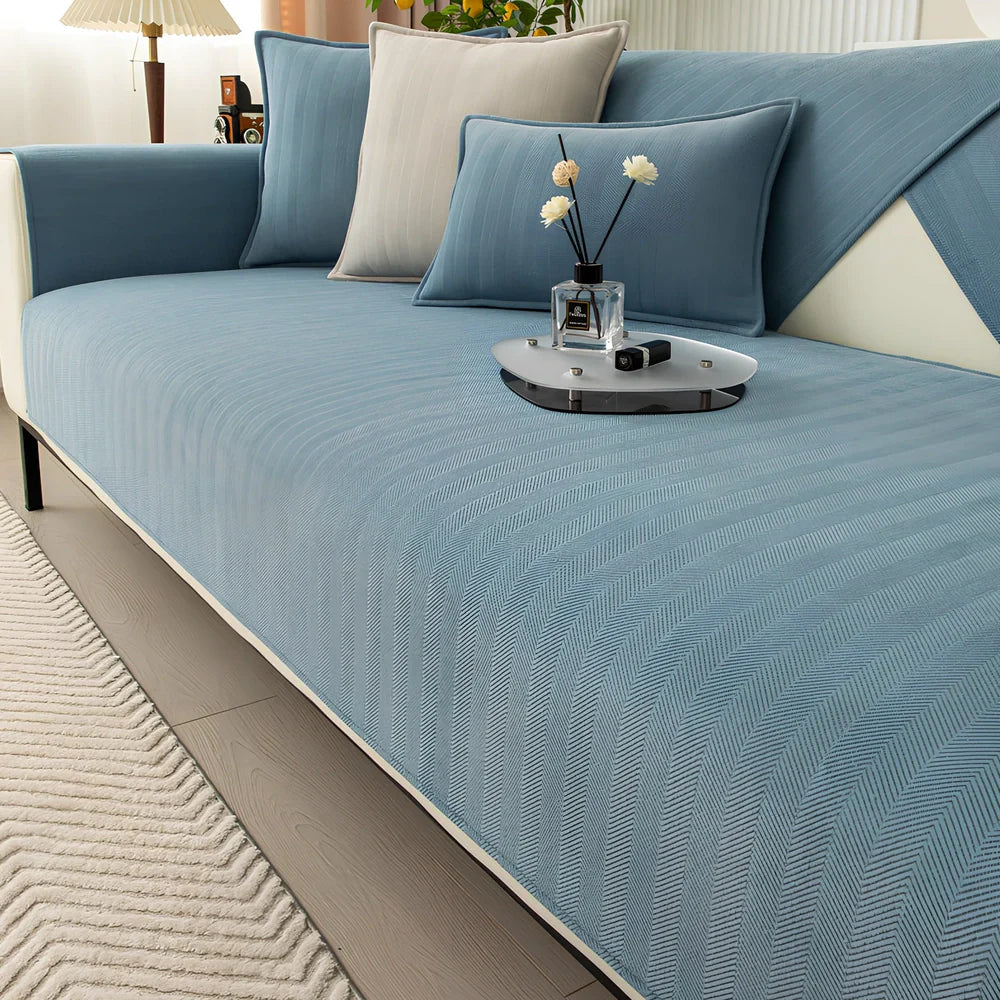 Chenille sofa cushion cover in army green with matching pillowcase on grey sofa