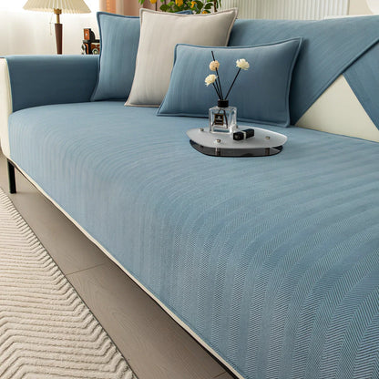 Chenille sofa cushion cover in army green with matching pillowcase on grey sofa